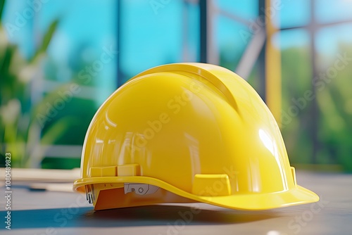 A yellow construction helmet and blueprints on a blur background photo