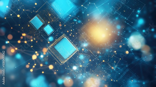 Abstract Digital Background with Glowing Cubes and Sparkling Lights in a Deep Blue Environment for Technology, Science, or Data Visualization Concepts