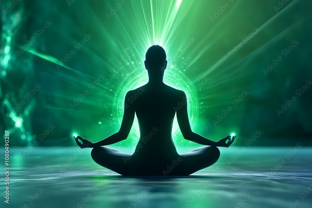 An ethereal and mystical digital art piece featuring the silhouette of a person in a lotus pose, with their body illuminated by a green light that seems to emanate from within An ethereal and mystical digital art piece featuring the silhouette of a person in a lotus pose, with their body illuminated by a green light that seems to emanate from within