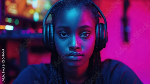 an african girl intensely focused on professional video gaming, wearing stylish headphones, with a colorful gaming setup in the background, showcasing determination and skill