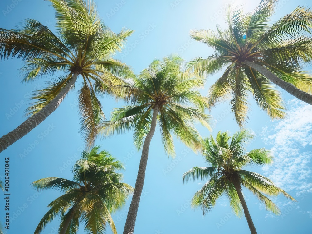 isolated cluster of lush coconut palm trees swaying gently in a warm tropical breeze, against a bright blue sky, evoking a serene paradise feeling isolated cluster of lush coconut palm trees swaying gently in a warm tropical breeze, against a bright blue sky, evoking a serene paradise feeling