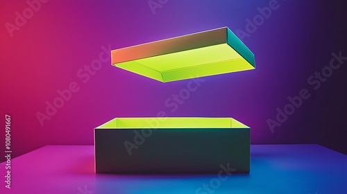 Colorful Open Box with Suspended Lid Showcasing Vibrant Lighting and Contemporary Design for Creative and Abstract Concepts in Stock Photography
