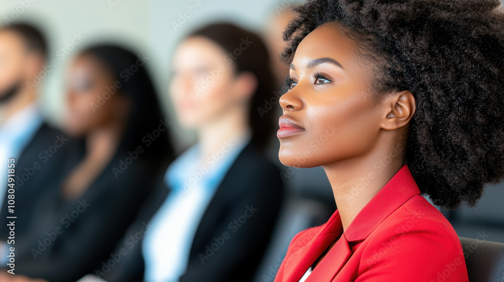 close up of businesswoman in red blazer, attentively listening during meeting. Her profile shows confidence and engagement, surrounded by colleagues close up of businesswoman in red blazer, attentively listening during meeting. Her profile shows confidence and engagement, surrounded by colleagues