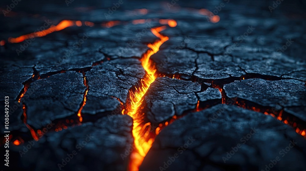 Cracked ground with glowing lava fissures, dramatic volcanic landscape.