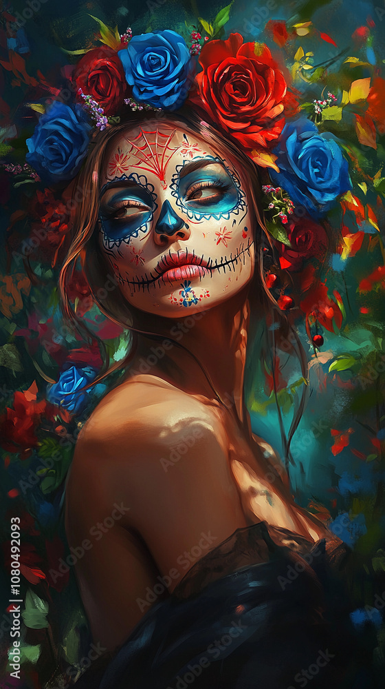 Fototapeta premium A woman celebrates Day of the Dead with colorful face paint
