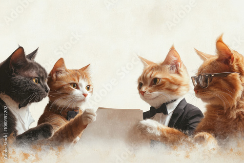 Dapper Felines in Conference, a whimsical scene of elegantly attired cats engaged in a strategic meeting, showcasing their business acumen