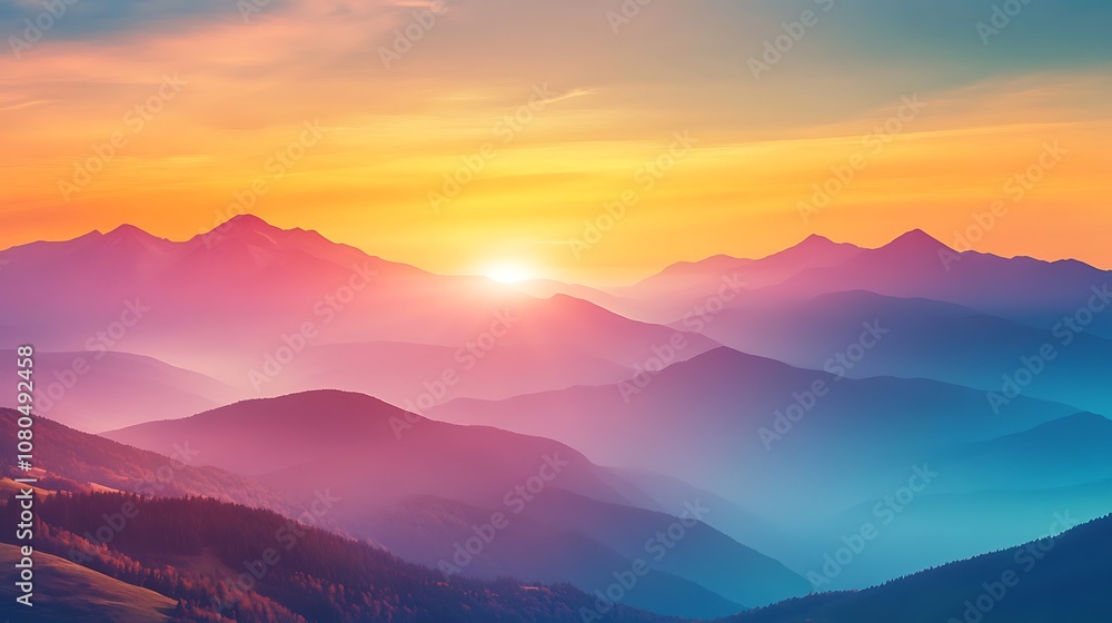 A serene mountain landscape at sunrise, showcasing vibrant colors and layered hills. A serene mountain landscape at sunrise, showcasing vibrant colors and layered hills.