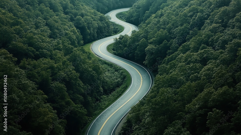 Fototapeta premium Aerial view of a winding road curving through a dense green forest, surrounded by lush trees and natural vegetation.