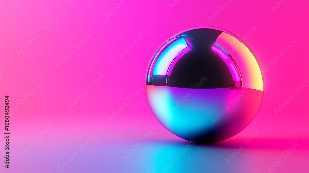 Abstract chrome sphere, backlit with neon colors, reflective surface creating dynamic effect Abstract chrome sphere, backlit with neon colors, reflective surface creating dynamic effect