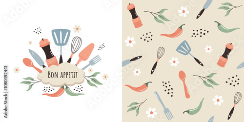 Background and seamless pattern with hand-drawn kitchen tools. Vector design for fabric, wallpaper, wrapping paper, poster, banner and more.