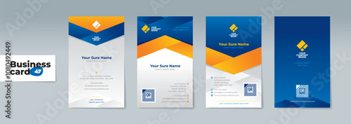 Set of vertical double sided business card templates with simple orange folded ribbons on blue and white background