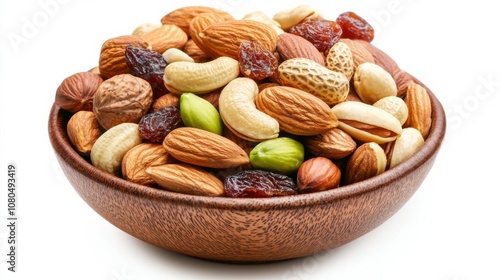 A vibrant assortment of mixed nuts in a wooden bowl, perfect for healthy snacking.