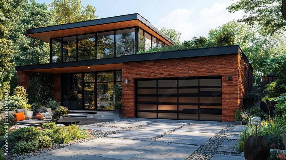 Modern house with large windows and landscaped garden. Modern house with large windows and landscaped garden.