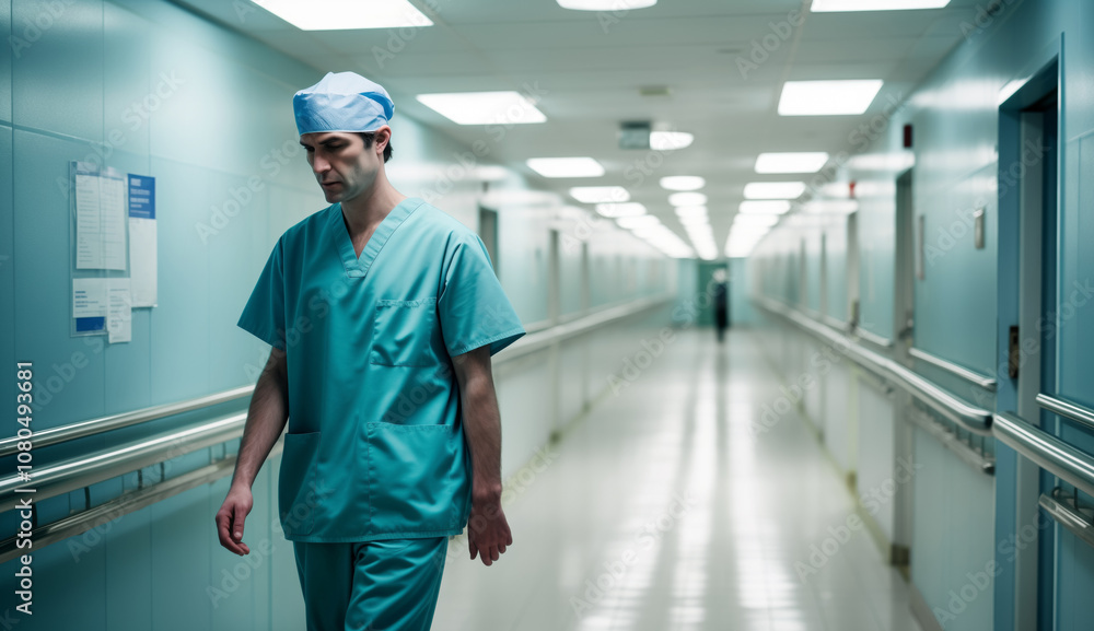 Tired, upset surgeon in green uniform and cap walking by hospital corridor after long, difficult surgery illuminated by blue light from fluorescent lamps. Healthcare and medicine industry concept. Tired, upset surgeon in green uniform and cap walking by hospital corridor after long, difficult surgery illuminated by blue light from fluorescent lamps. Healthcare and medicine industry concept.