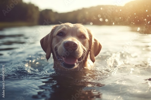 Joyful dog swimming in a lake  a heartwarming moment captured in nature s embrace photo