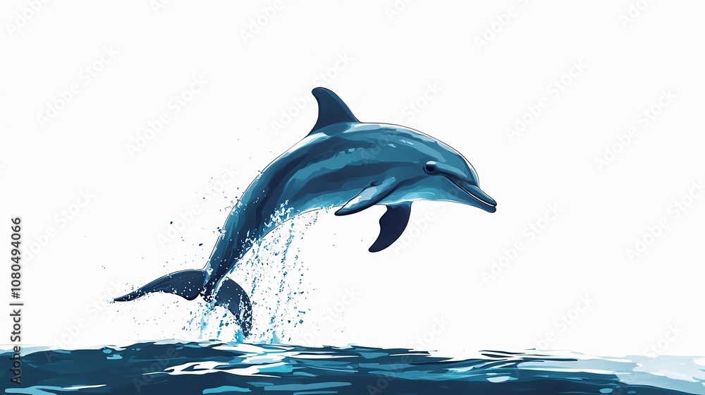 Obraz premium a 2D cartoon illustration of a dolphin jumping out of the water, joyful and playful, white background--ar 16:9