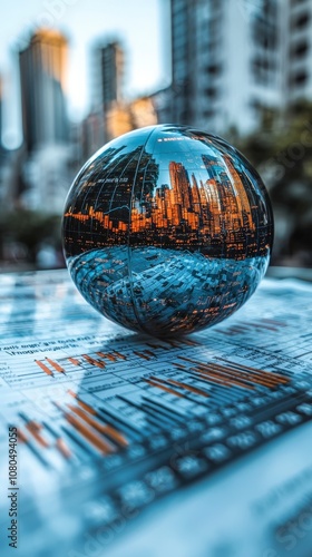 A surreal cityscape captured within a reflective Earth globe, resting on a digital bar graph, symbolizing the merger of global, urban, and data-driven worlds. photo