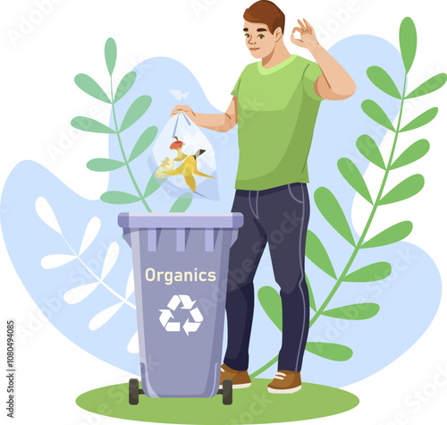 A man is throwing organic waste into a recycling bin surrounded by greenery. Vector illustration