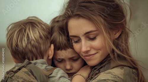 A woman is hugging two children