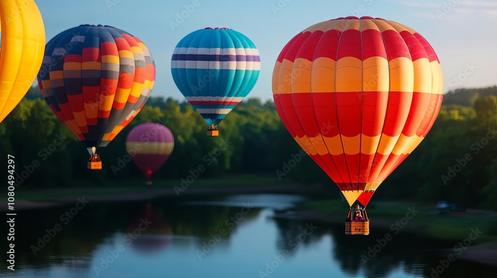 Obraz premium Backlit hot air balloons over reflective lake, vibrant colors and dynamic reflections, festive and joyful