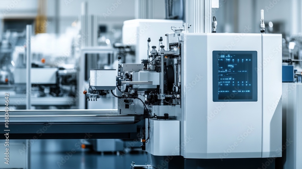 A modern industrial machine with a digital interface in a manufacturing environment. A modern industrial machine with a digital interface in a manufacturing environment.