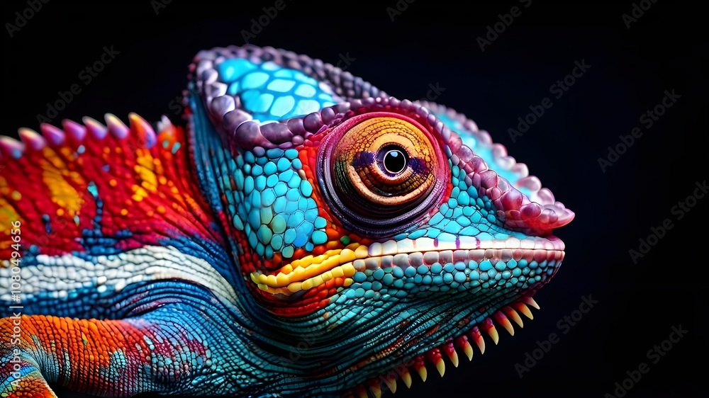 Colorful chameleon in blue and red with dark background Colorful chameleon in blue and red with dark background