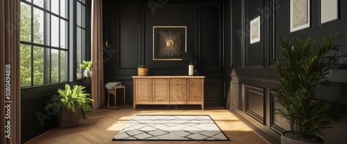 Modern Interior Design with Black Walls, Wood Cabinet, and Natural Elements