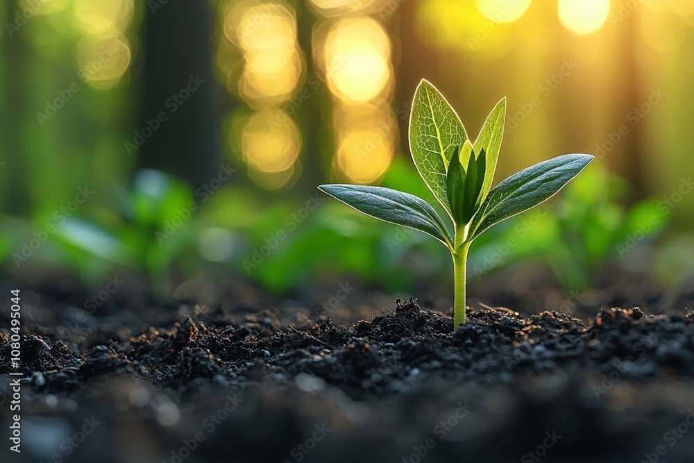 A single sprout emerging from the dark soil, illuminated by soft sunlight. The background is a blurred forest A single sprout emerging from the dark soil, illuminated by soft sunlight. The background is a blurred forest