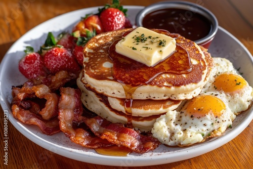 Hearty American breakfast with pancakes, bacon, and eggs