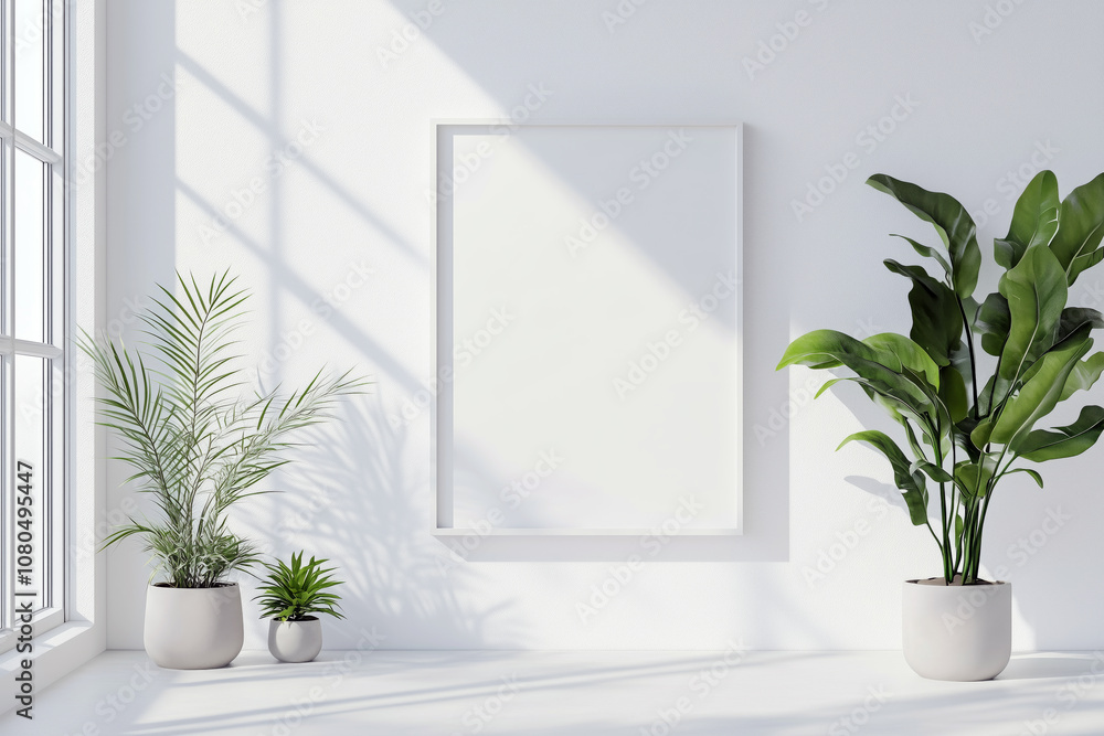 White empty picture frame hanging on a plain wall, minimalistic room setup with plants and decor, side view. White empty picture frame hanging on a plain wall, minimalistic room setup with plants and decor, side view.