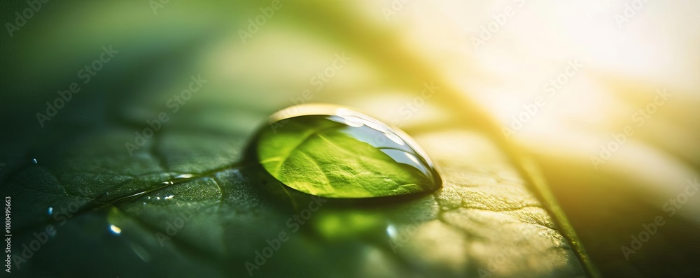Fototapeta premium Close-up of a droplet of water on a leaf, backlit by sunlight, reflective surface magnifying intricate details, natural and vibrant