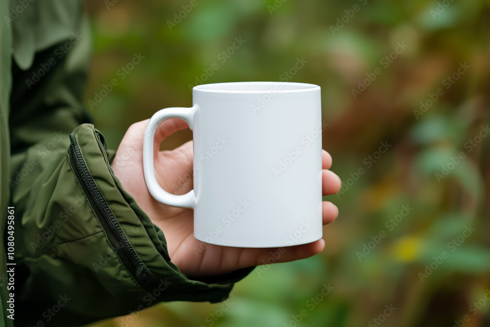 White mug with blank space for design held by a person wearing green clothes, blurred natural background, outdoor shot. White mug with blank space for design held by a person wearing green clothes, blurred natural background, outdoor shot.