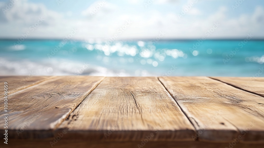 An empty wooden table with background of tropical beach and blue sky An empty wooden table with background of tropical beach and blue sky