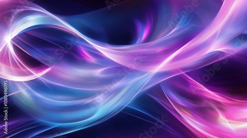 Colorful digital wave patterns, flowing ribbons of light, vibrant gradients of purple, pink, and blue, futuristic and energetic design.