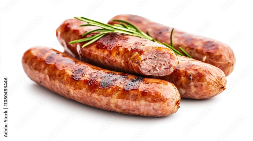 Delicious grilled sausages with herbs ready to elevate your meal, isolated against a clean white background for fresh food presentation Delicious grilled sausages with herbs ready to elevate your meal, isolated against a clean white background for fresh food presentation