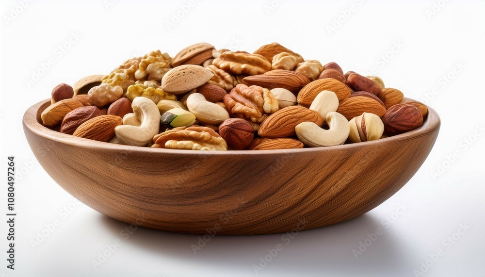 wooden bowl filled with mixed nuts on white background wooden bowl filled with mixed nuts on white background