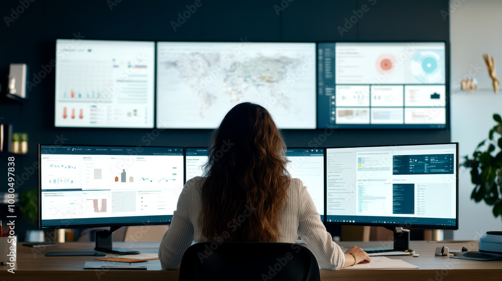 A person sitting in front of multiple screens, analyzing data and monitoring visual displays in a modern office environment. A person sitting in front of multiple screens, analyzing data and monitoring visual displays in a modern office environment.
