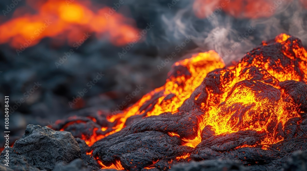Lava flow with glowing orange hue and smoke, captured in stunning detail. Lava flow with glowing orange hue and smoke, captured in stunning detail.