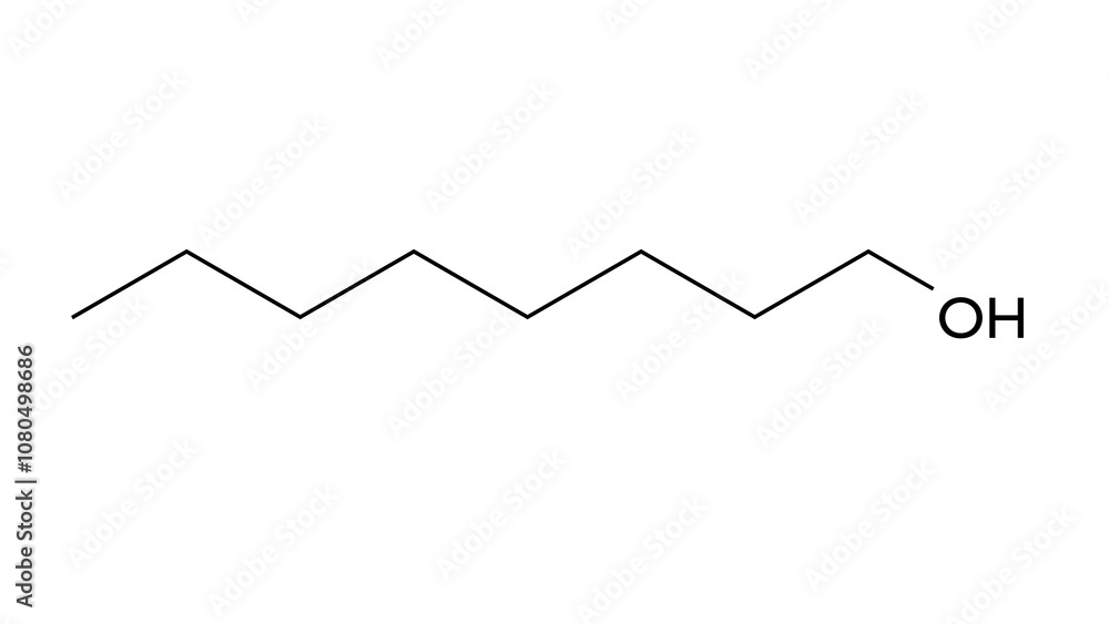 1-octanol molecule, structural chemical formula, ball-and-stick model, isolated image primary alcohol 1-octanol molecule, structural chemical formula, ball-and-stick model, isolated image primary alcohol