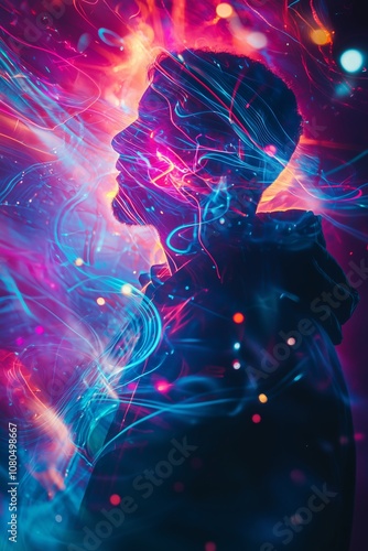 A silhouette of a person surrounded by vibrant neon swirls suggesting energy and motion.