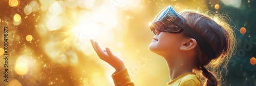 A young girl with a VR headset reaches out, surrounded by sparkles, exploring virtual worlds in wonder. photo