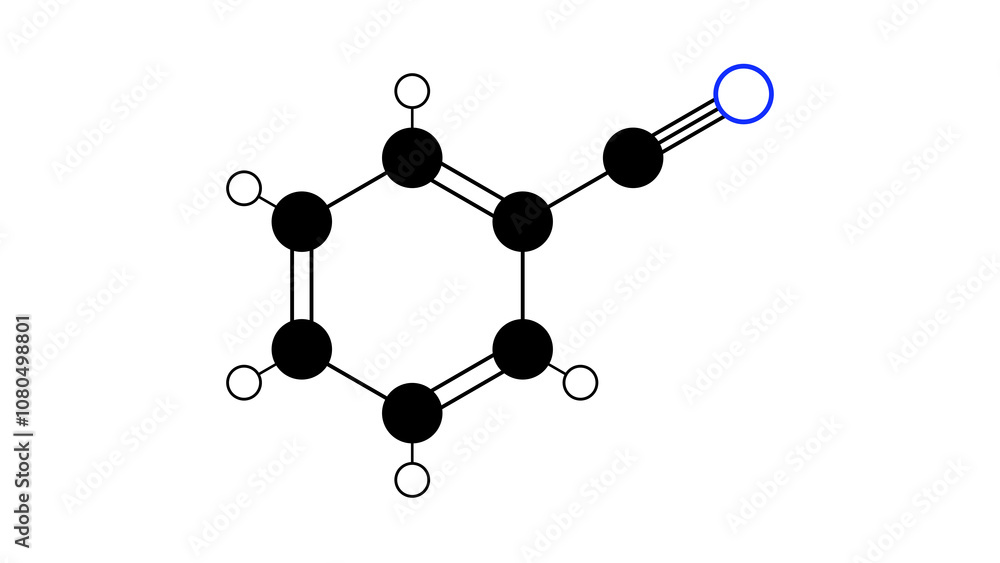 benzonitrile molecule, structural chemical formula, ball-and-stick model, isolated image aromatic organic compound benzonitrile molecule, structural chemical formula, ball-and-stick model, isolated image aromatic organic compound