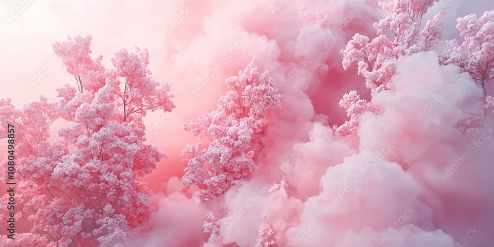 Fototapeta premium A dreamy scene featuring pink clouds and blossoms, capturing an ethereal atmosphere with soft pastel colors.