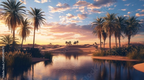 A scenic oasis with palm trees and a tranquil lake in the desert at sunset.