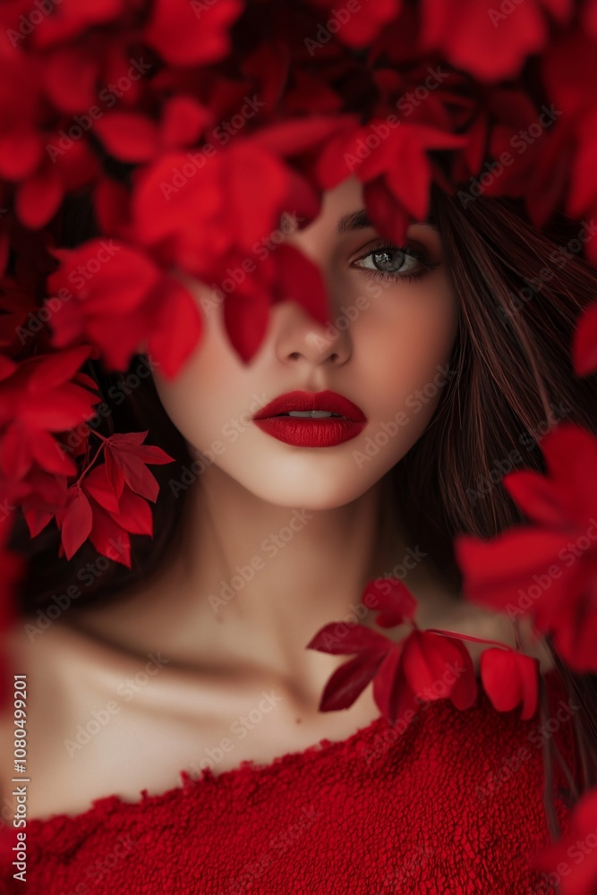 A woman surrounded by red foliage gazes intensely, embodying beauty and mystery. A woman surrounded by red foliage gazes intensely, embodying beauty and mystery.