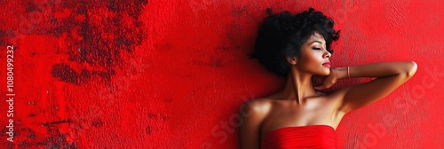 A woman with curly hair leans against a vivid red wall, exuding confidence and grace. photo