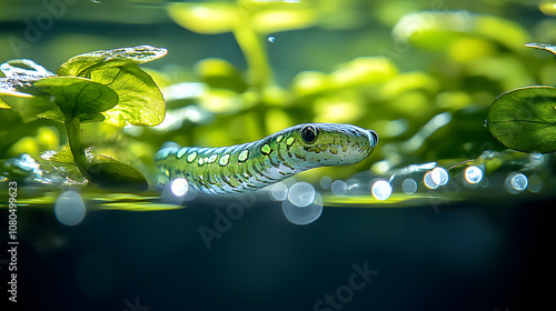 Serene Scene of a Paragordius Tricuspidatus Worm's Graceful Movement in Shimmering Shallow Waters Surrounded by Nature's Splendor photo