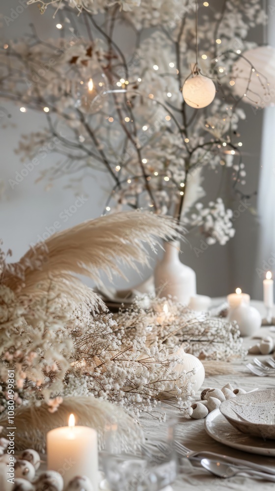 A table is set with white tablecloths and candles, and there are white flowers and a vase on the table. Scene is elegant and sophisticated A table is set with white tablecloths and candles, and there are white flowers and a vase on the table. Scene is elegant and sophisticated