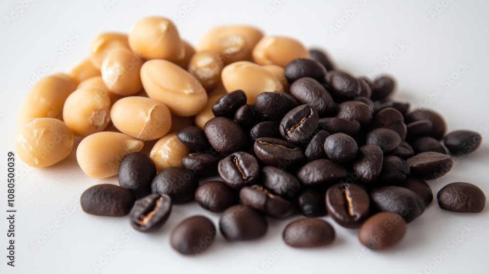 A close-up of light and dark roasted coffee beans arranged on a white surface. A close-up of light and dark roasted coffee beans arranged on a white surface.