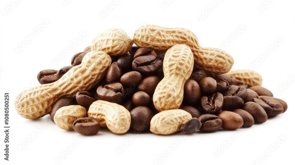 A pile of peanuts and coffee beans arranged together. A pile of peanuts and coffee beans arranged together.